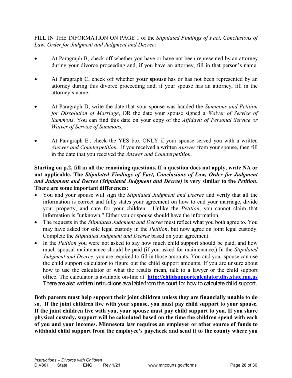 Form DIV801 Instructions for Dissolution of Marriage With Children - Minnesota, Page 28