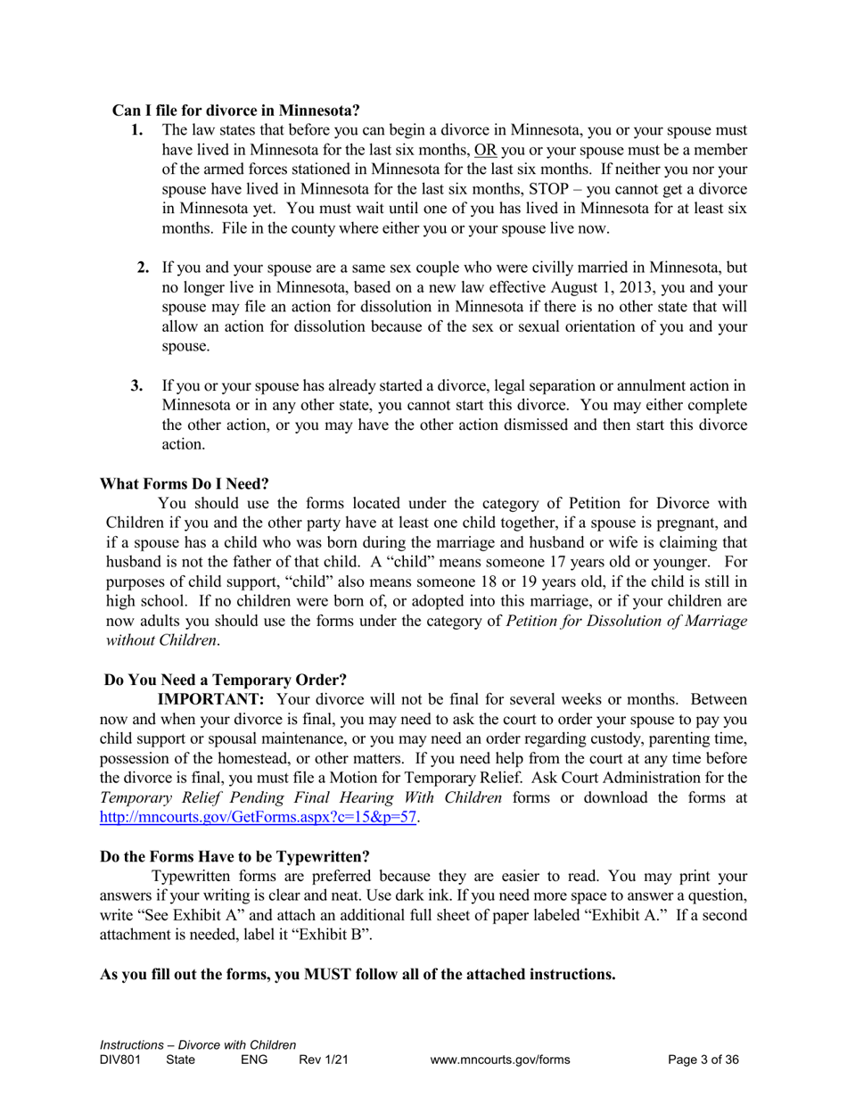 Form DIV801 Instructions for Dissolution of Marriage With Children - Minnesota, Page 3