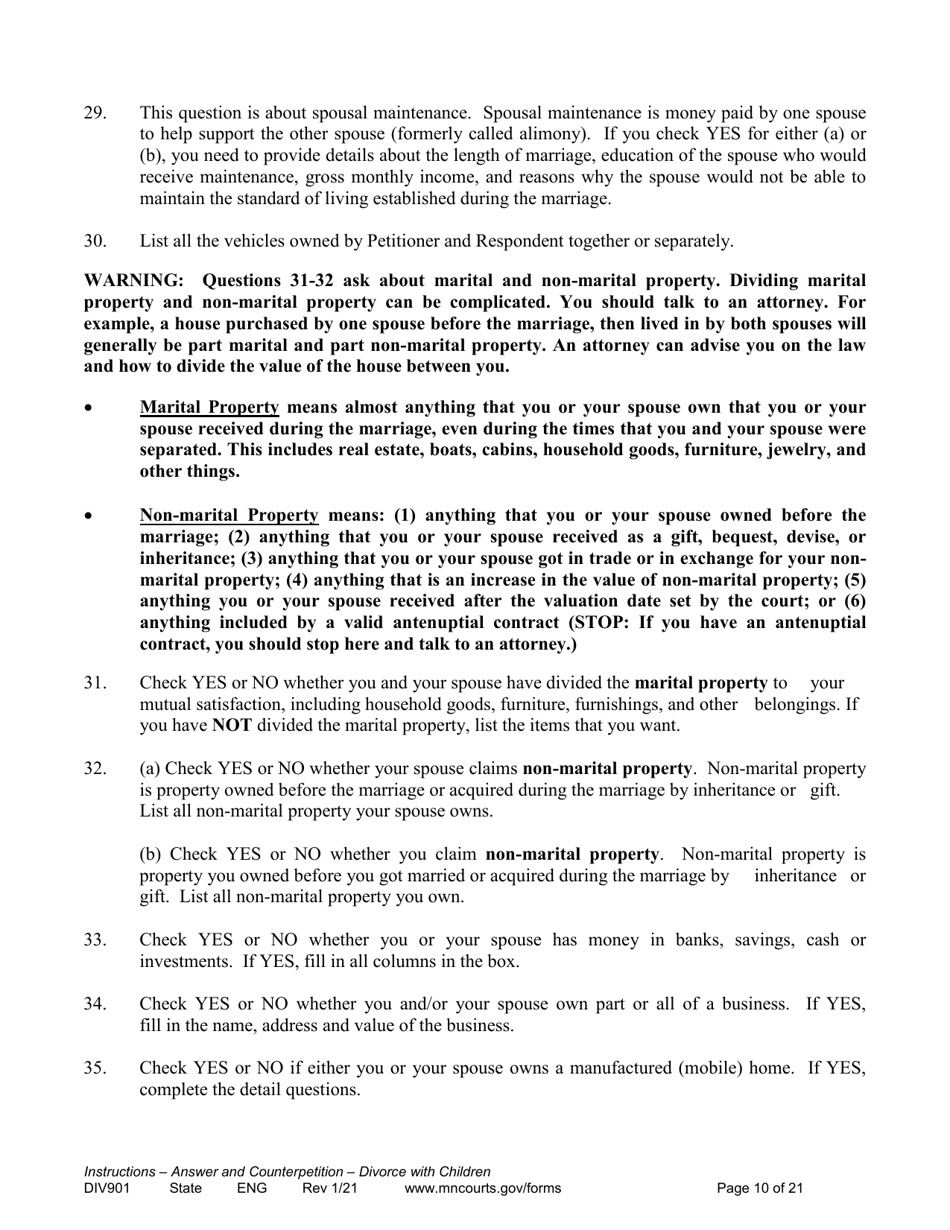 Instructions for Form DIV902 Answer and Counterpetition for Dissolution of Marriage With Children - Minnesota, Page 10
