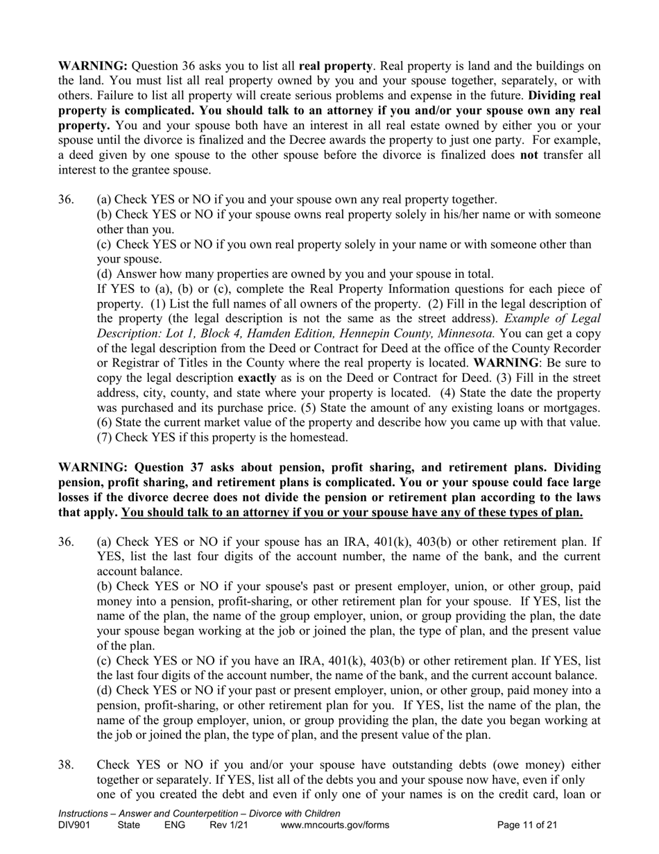 Instructions for Form DIV902 Answer and Counterpetition for Dissolution of Marriage With Children - Minnesota, Page 11