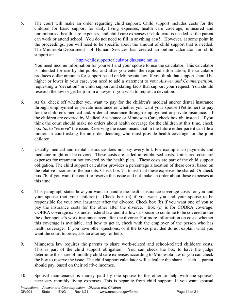 Instructions for Form DIV902 Answer and Counterpetition for Dissolution of Marriage With Children - Minnesota, Page 14