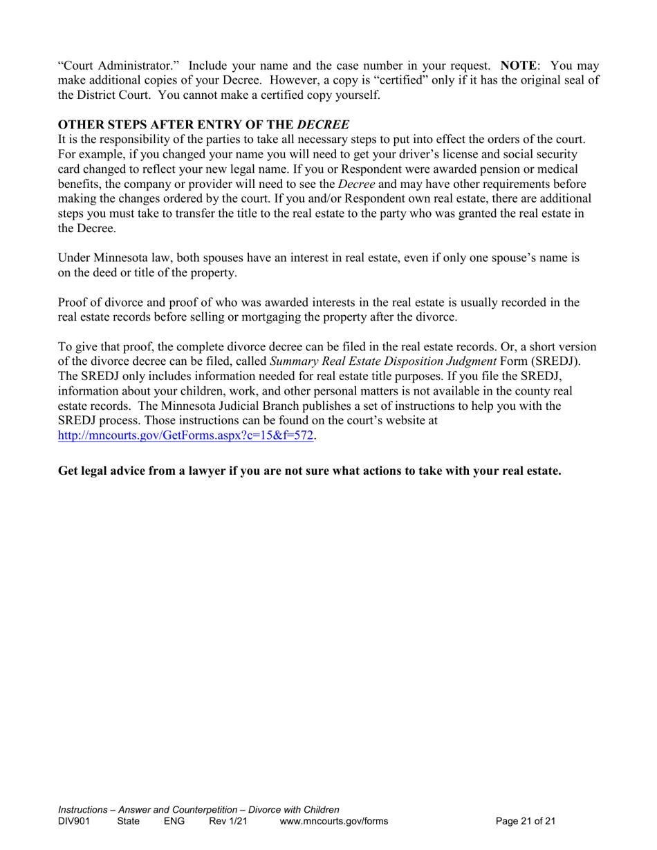 Instructions for Form DIV902 Answer and Counterpetition for Dissolution of Marriage With Children - Minnesota, Page 21