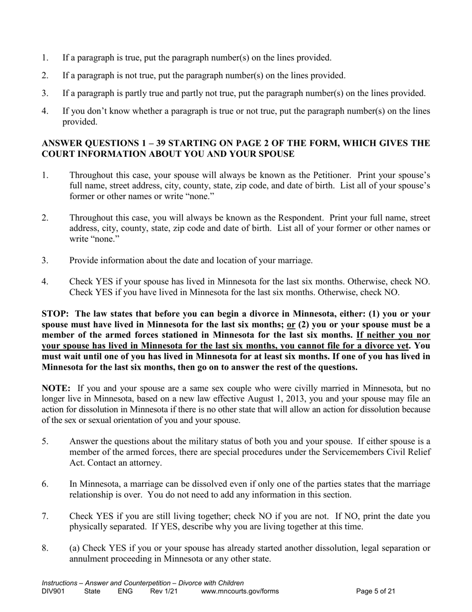 Instructions for Form DIV902 Answer and Counterpetition for Dissolution of Marriage With Children - Minnesota, Page 5