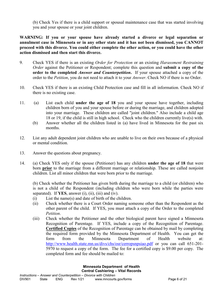 Instructions for Form DIV902 Answer and Counterpetition for Dissolution of Marriage With Children - Minnesota, Page 6