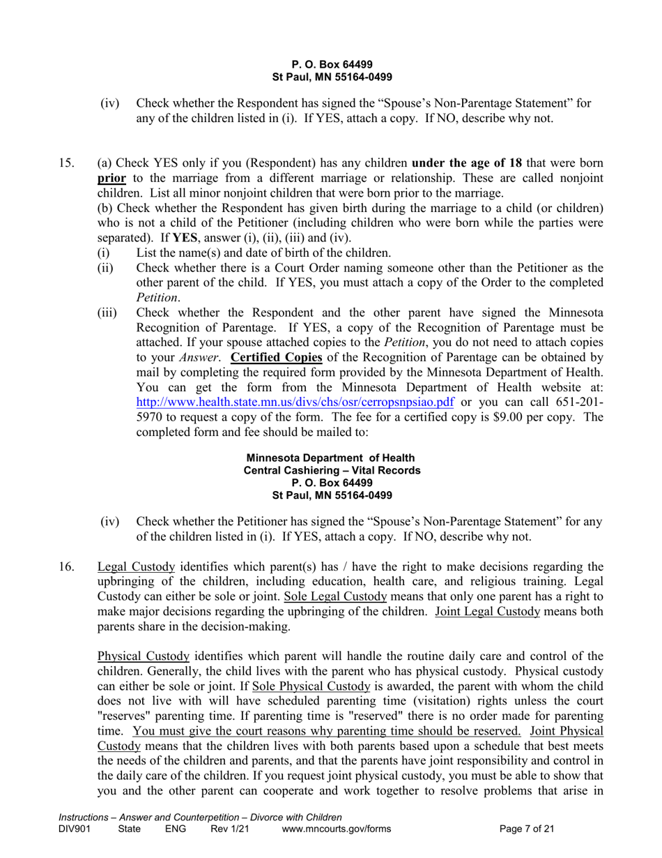 Instructions for Form DIV902 Answer and Counterpetition for Dissolution of Marriage With Children - Minnesota, Page 7
