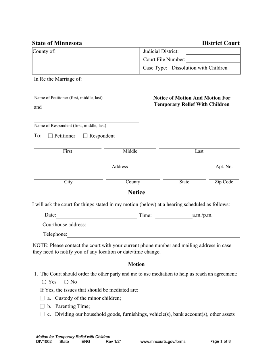 Form DIV1002 Notice of Motion and Motion for Temporary Relief With Children - Minnesota, Page 1