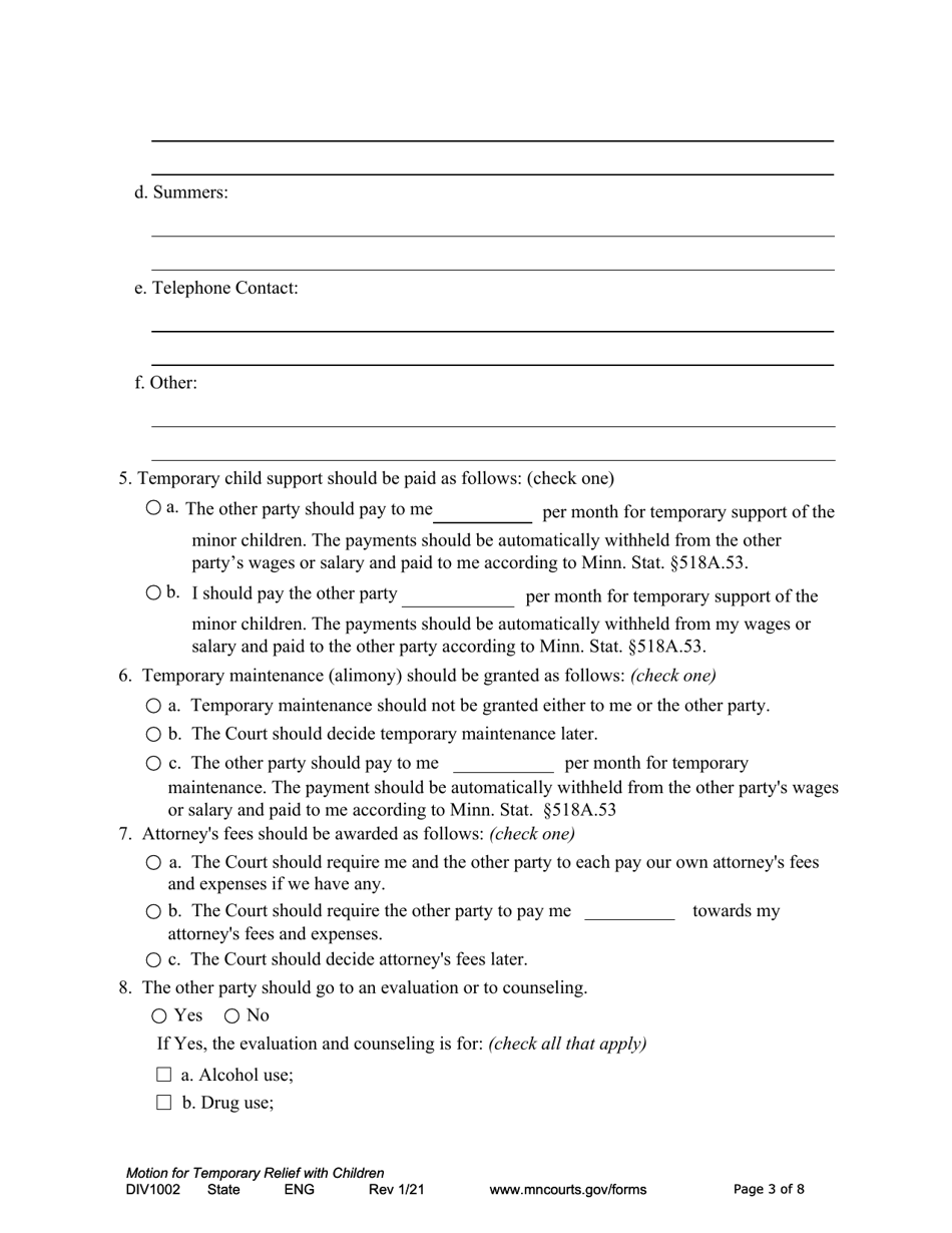 Form DIV1002 Notice of Motion and Motion for Temporary Relief With Children - Minnesota, Page 3