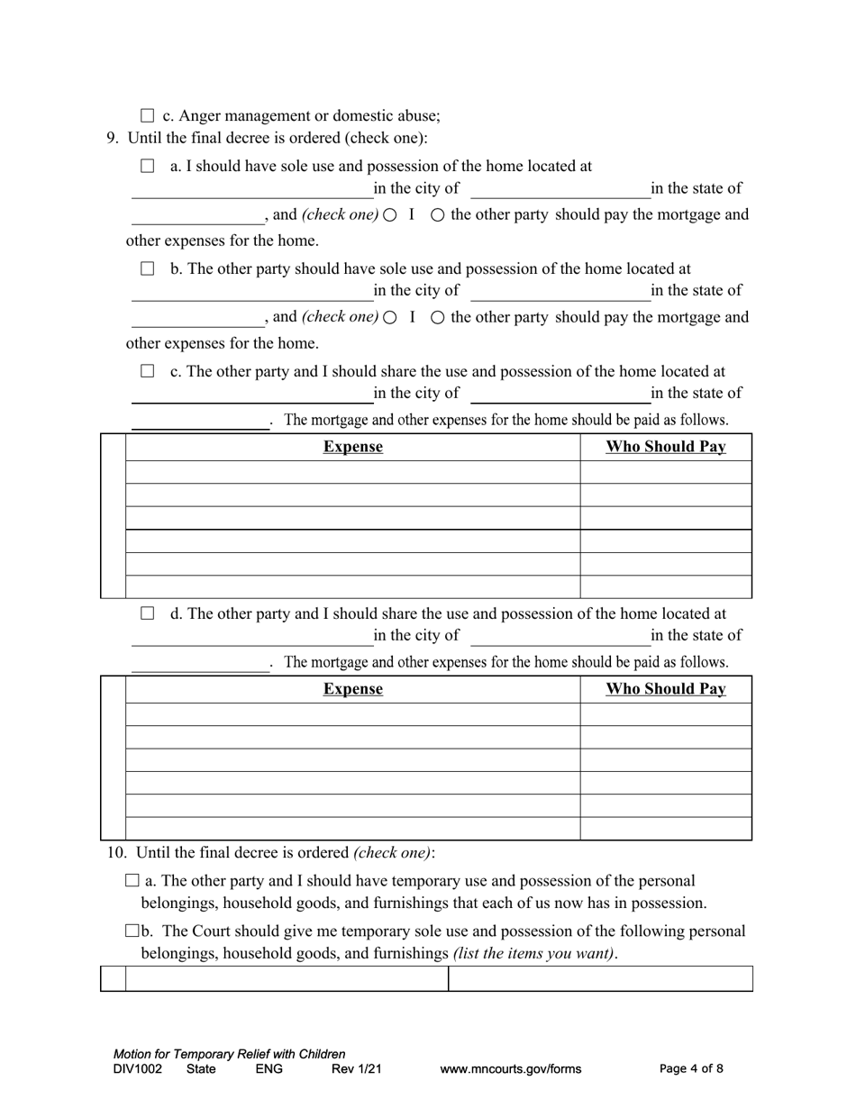 Form DIV1002 Notice of Motion and Motion for Temporary Relief With Children - Minnesota, Page 4