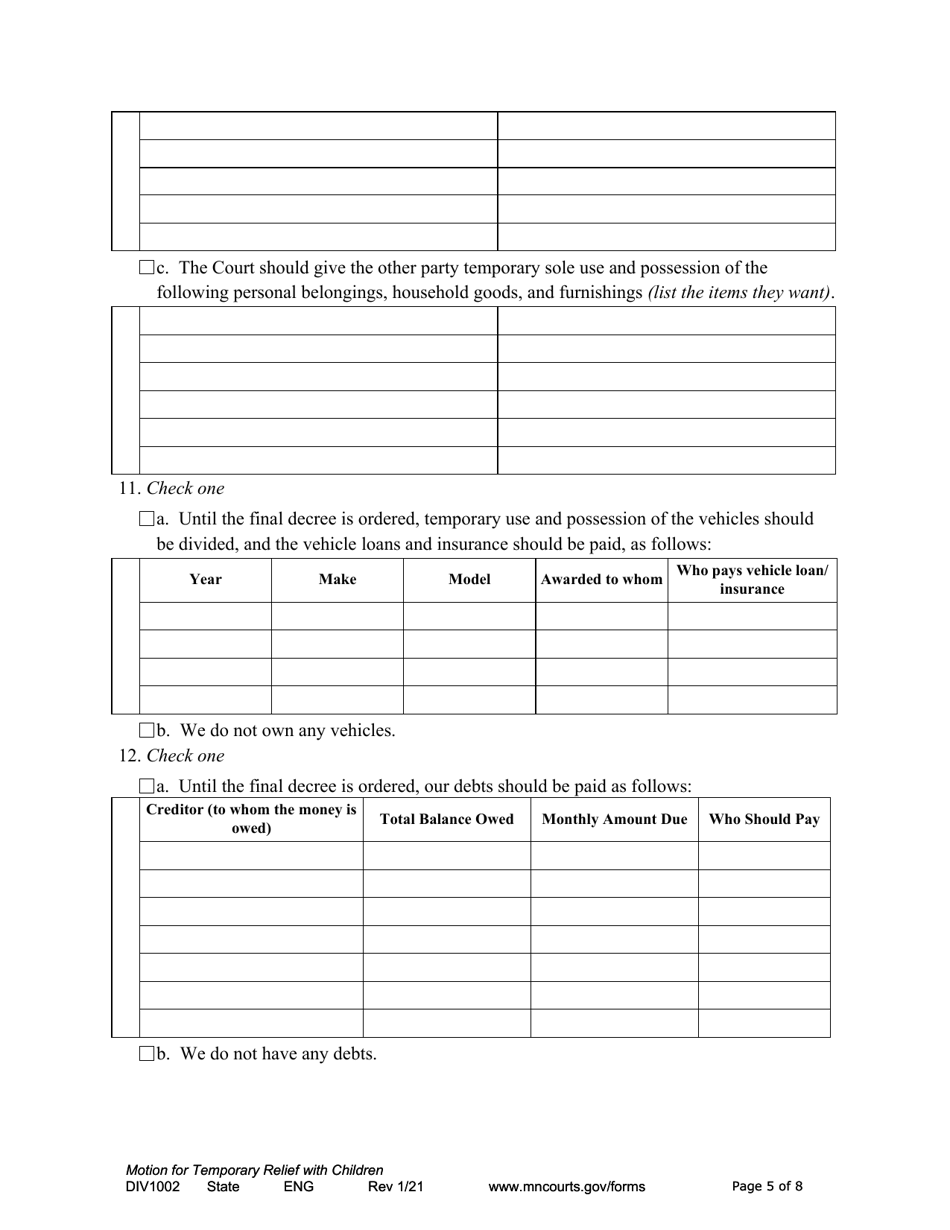 Form DIV1002 Notice of Motion and Motion for Temporary Relief With Children - Minnesota, Page 5