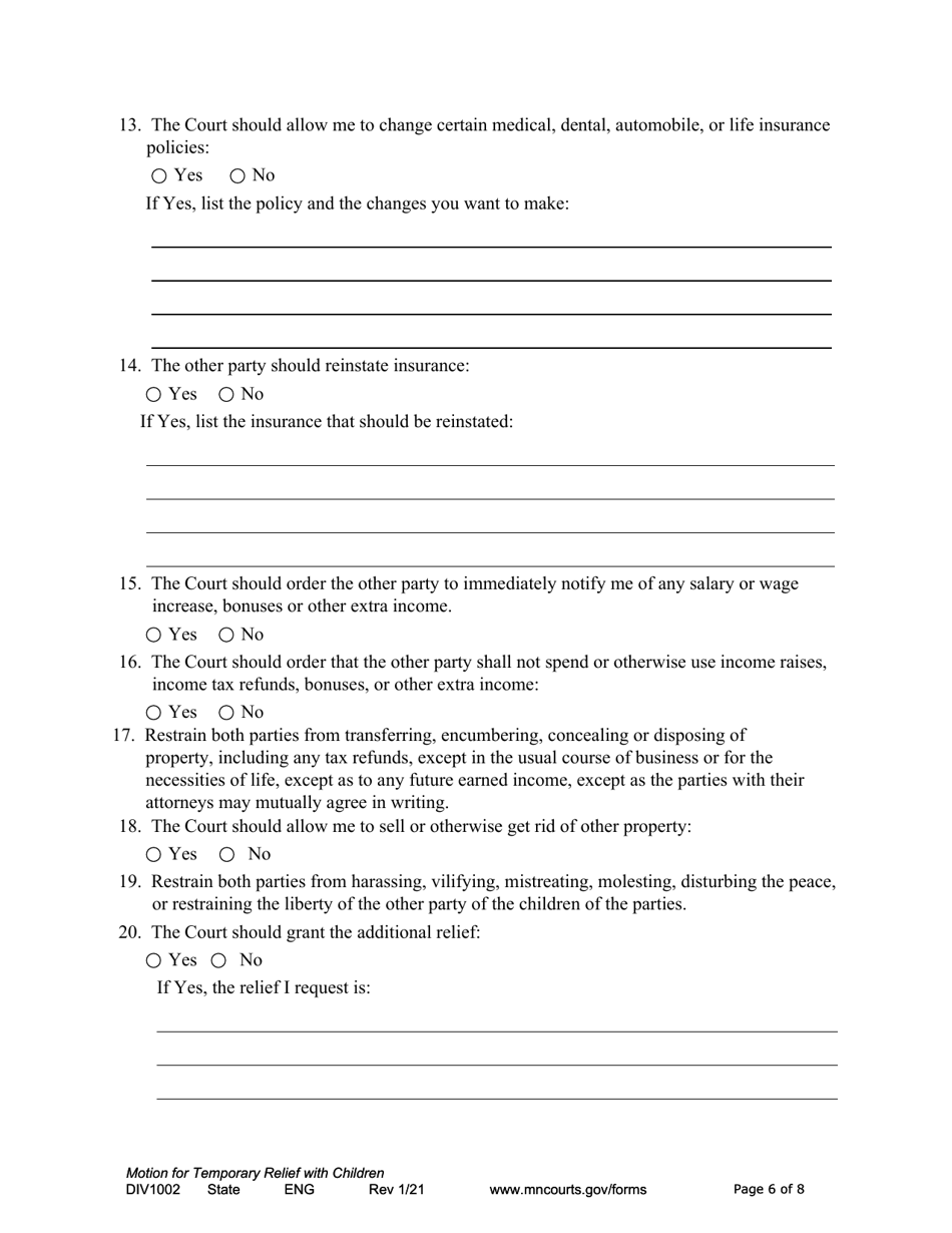 Form DIV1002 Notice of Motion and Motion for Temporary Relief With Children - Minnesota, Page 6