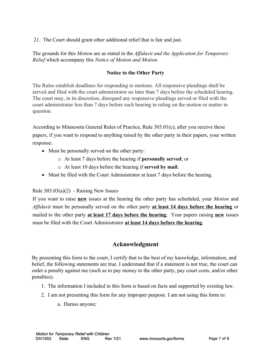Form DIV1002 Notice of Motion and Motion for Temporary Relief With Children - Minnesota, Page 7