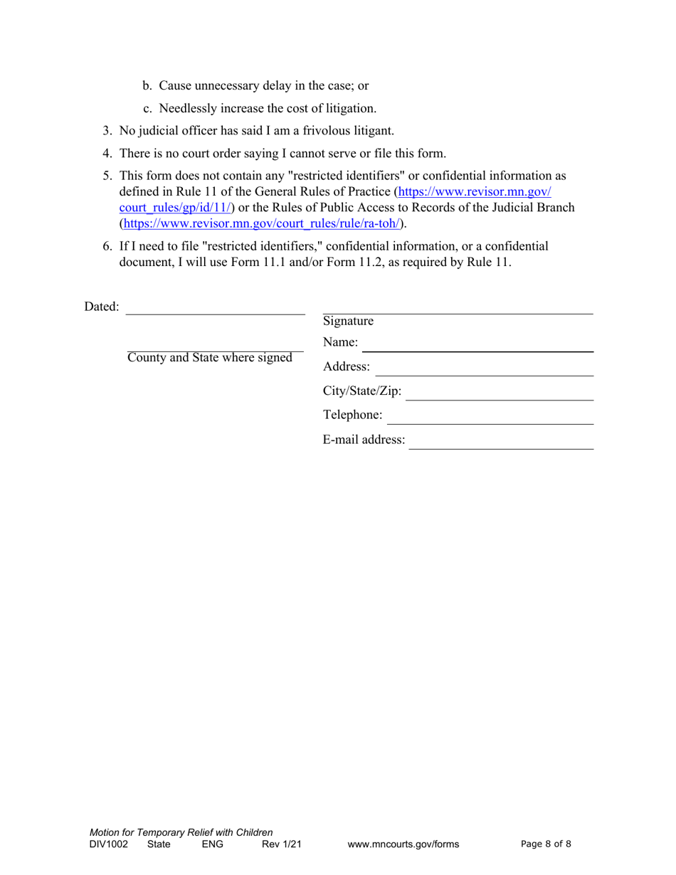 Form DIV1002 Notice of Motion and Motion for Temporary Relief With Children - Minnesota, Page 8