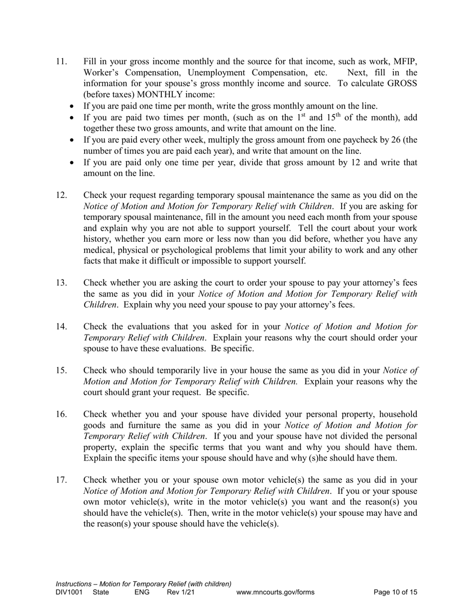 Form DIV1001 Instructions for Request for Temporary Relief Pending Final Hearing With Children - Minnesota, Page 10