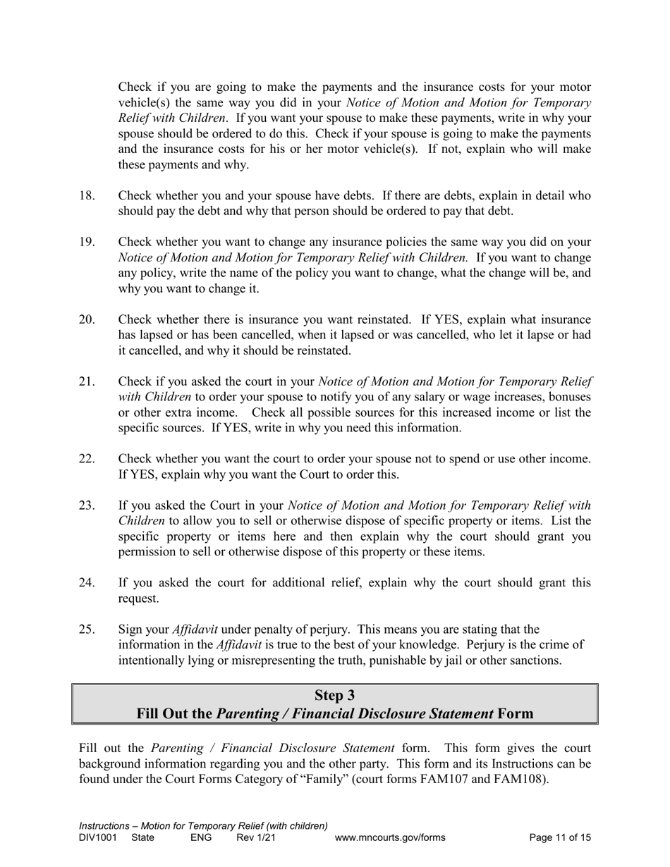 Form DIV1001 Instructions for Request for Temporary Relief Pending Final Hearing With Children - Minnesota, Page 11