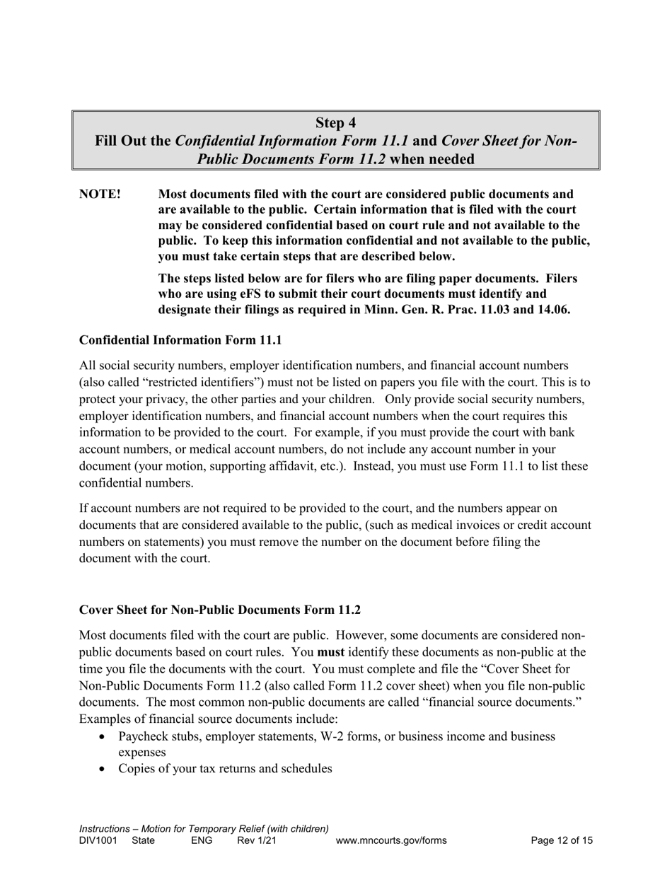 Form DIV1001 Instructions for Request for Temporary Relief Pending Final Hearing With Children - Minnesota, Page 12