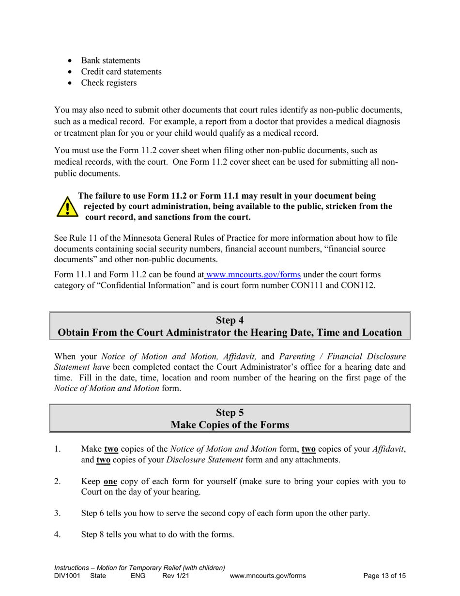 Form DIV1001 Instructions for Request for Temporary Relief Pending Final Hearing With Children - Minnesota, Page 13