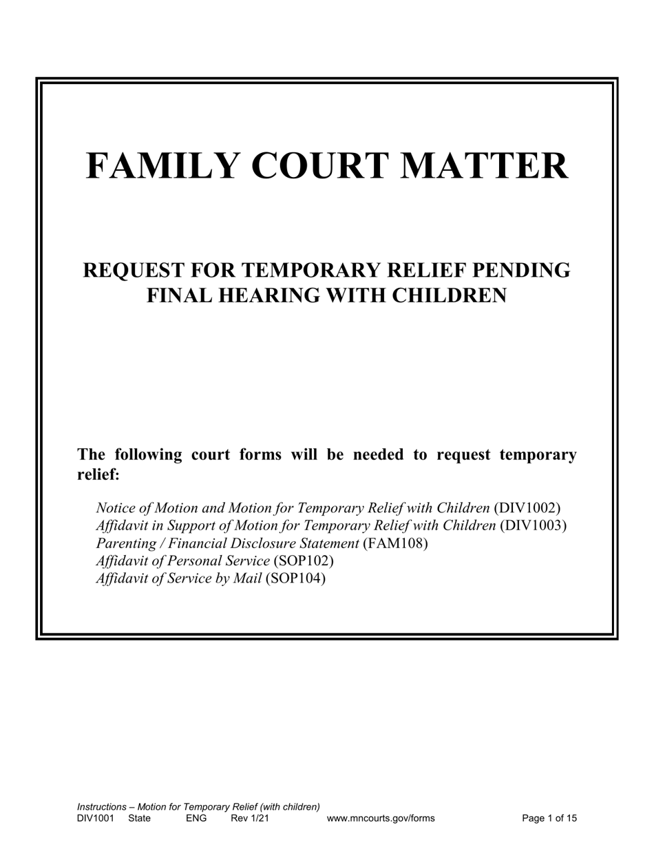 Form DIV1001 Instructions for Request for Temporary Relief Pending Final Hearing With Children - Minnesota, Page 1