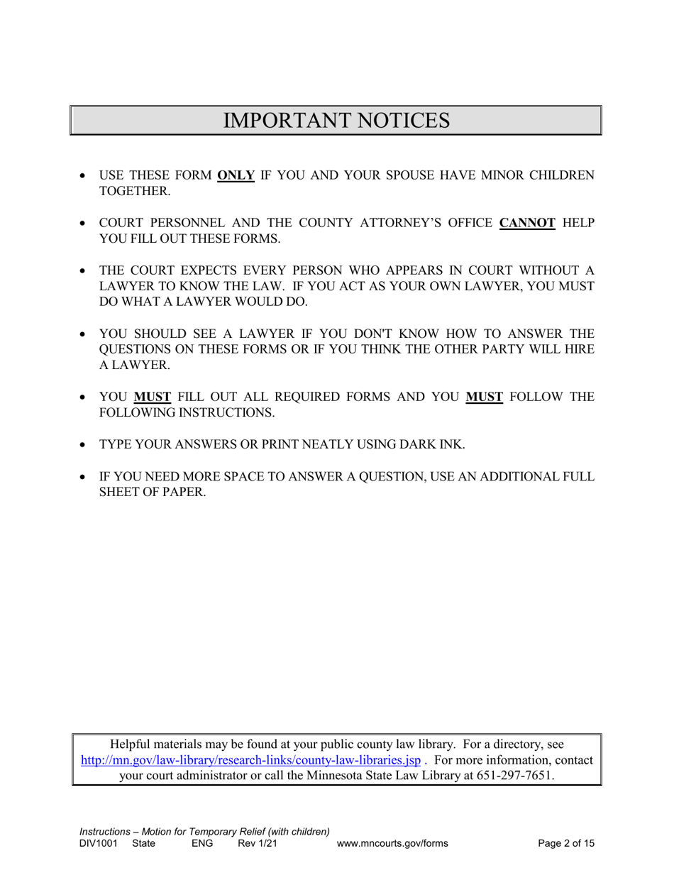 Form DIV1001 Instructions for Request for Temporary Relief Pending Final Hearing With Children - Minnesota, Page 2