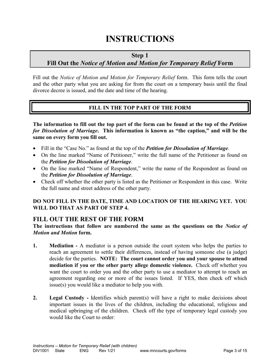 Form DIV1001 Instructions for Request for Temporary Relief Pending Final Hearing With Children - Minnesota, Page 3