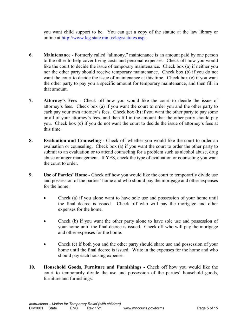 Form DIV1001 Instructions for Request for Temporary Relief Pending Final Hearing With Children - Minnesota, Page 5