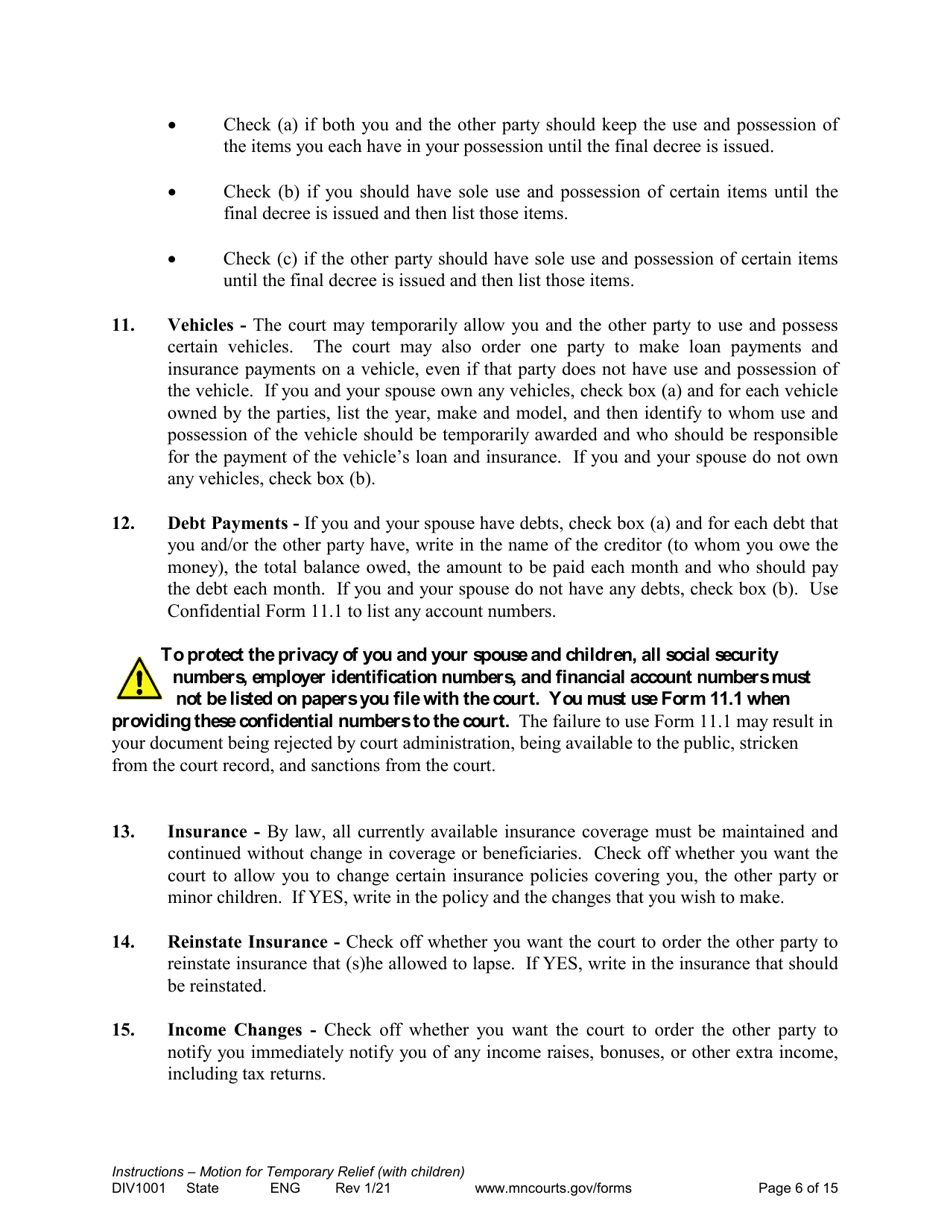 Form DIV1001 Instructions for Request for Temporary Relief Pending Final Hearing With Children - Minnesota, Page 6