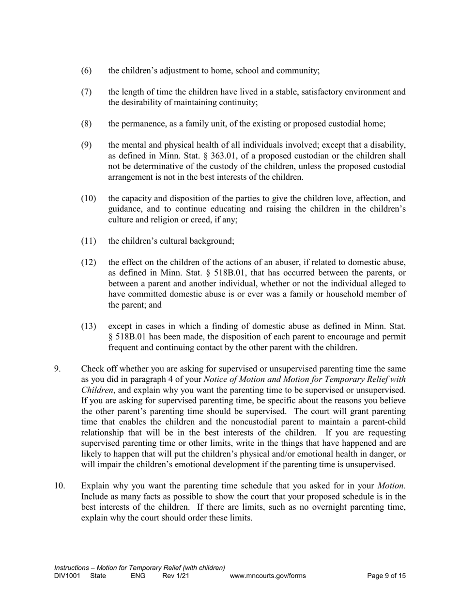 Form DIV1001 Instructions for Request for Temporary Relief Pending Final Hearing With Children - Minnesota, Page 9