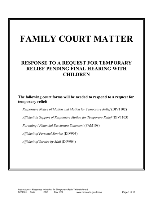 Form DIV1101 Response to a Request for Temporary Relief Pending Final Hearing With Children - Minnesota