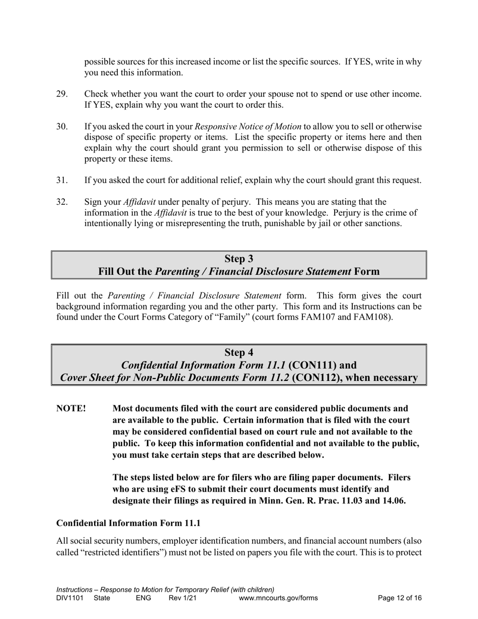 Form DIV1101 Response to a Request for Temporary Relief Pending Final Hearing With Children - Minnesota, Page 12