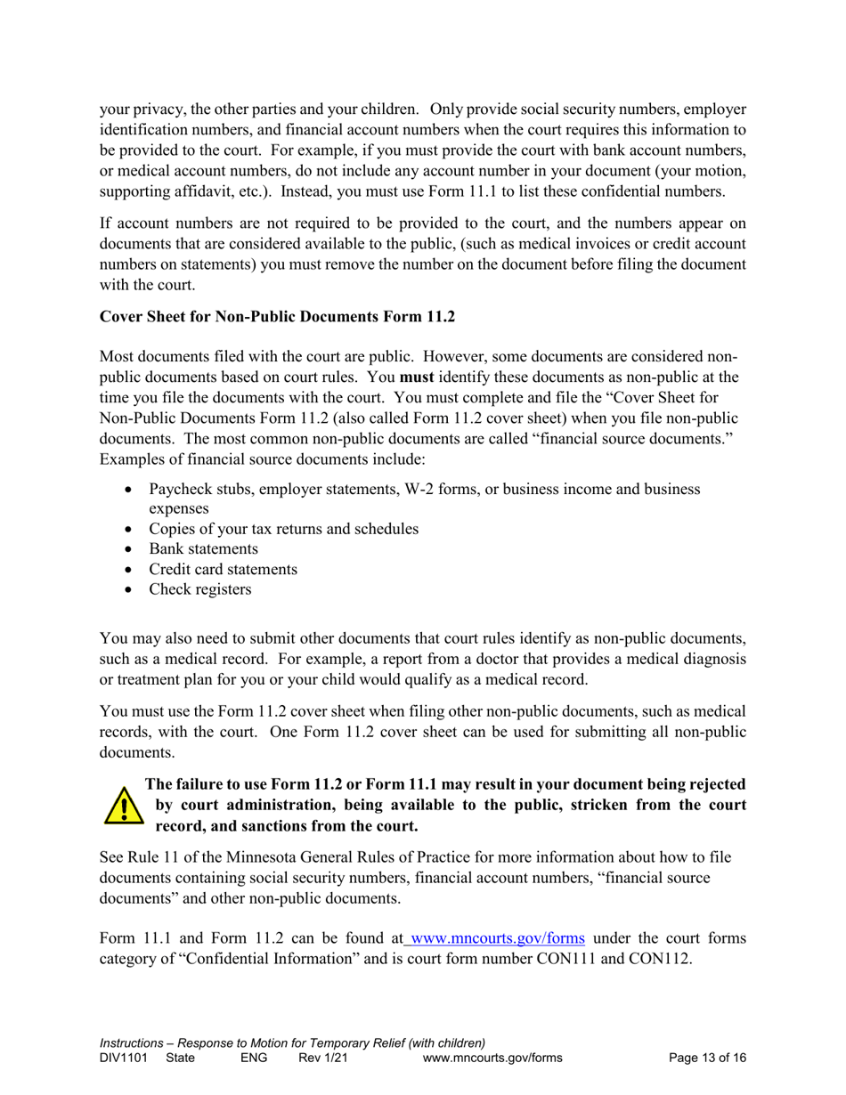 Form DIV1101 Response to a Request for Temporary Relief Pending Final Hearing With Children - Minnesota, Page 13