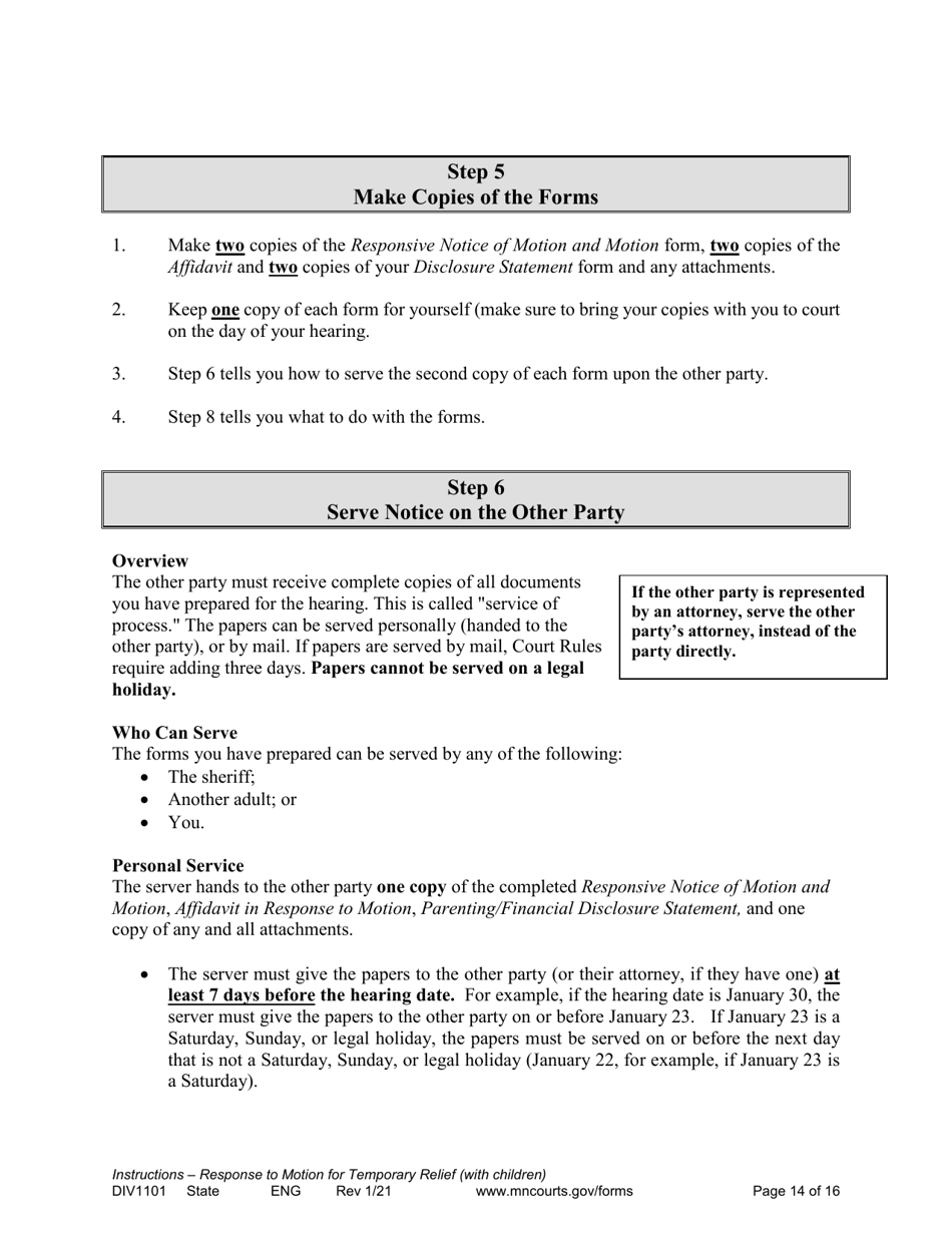 Form DIV1101 Response to a Request for Temporary Relief Pending Final Hearing With Children - Minnesota, Page 14