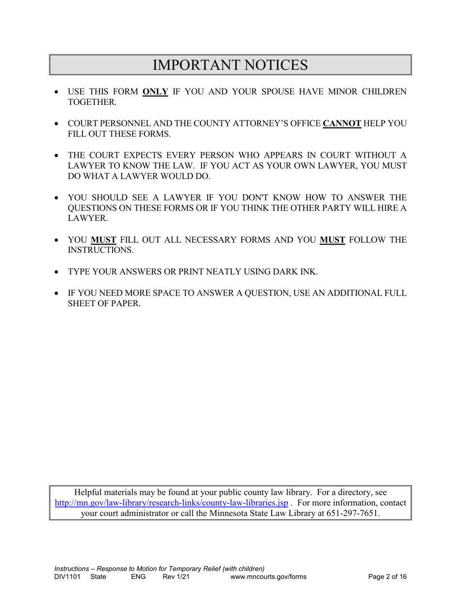 Form DIV1101 Response to a Request for Temporary Relief Pending Final Hearing With Children - Minnesota, Page 2