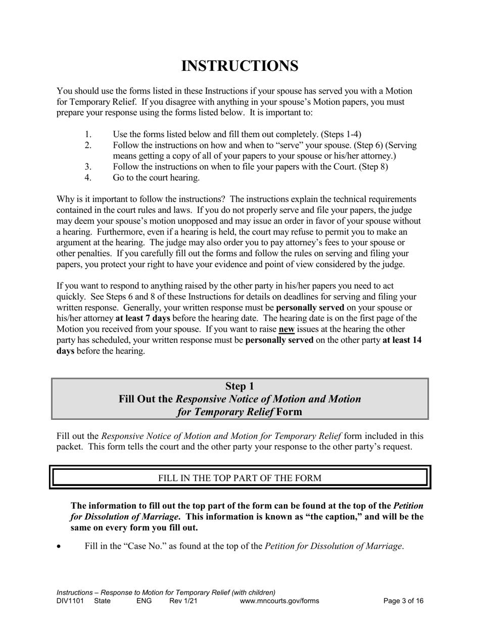 Form DIV1101 Response to a Request for Temporary Relief Pending Final Hearing With Children - Minnesota, Page 3
