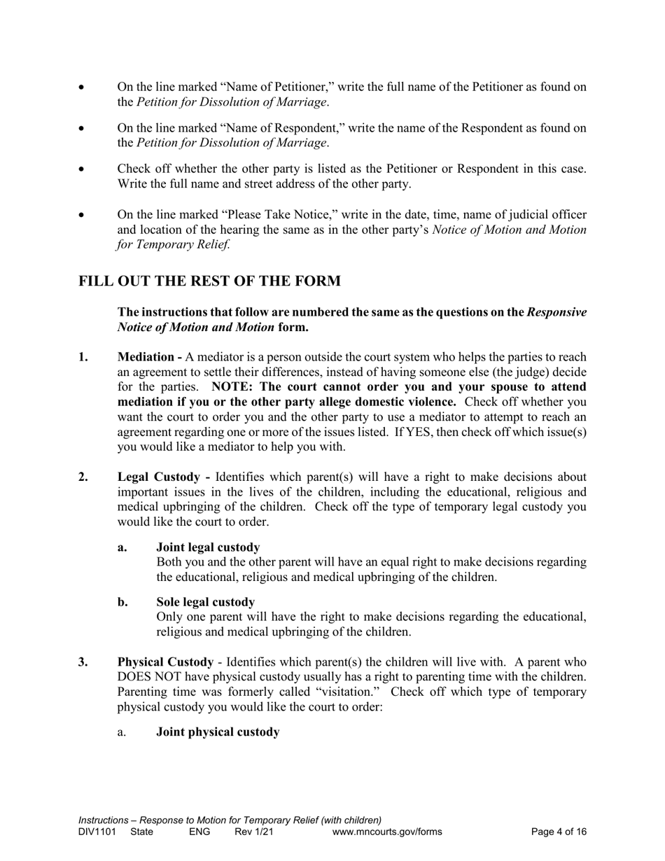 Form DIV1101 Response to a Request for Temporary Relief Pending Final Hearing With Children - Minnesota, Page 4