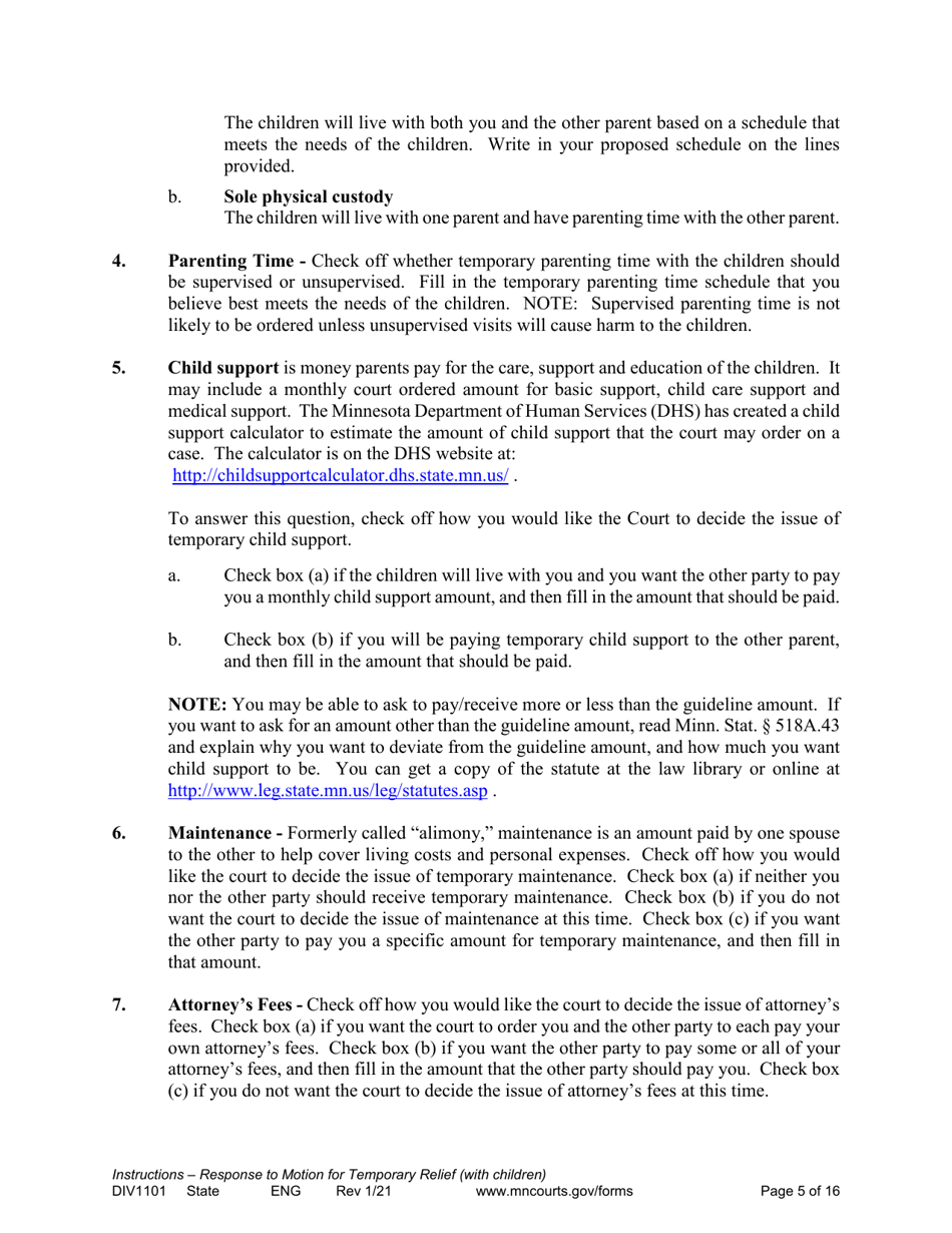 Form DIV1101 Response to a Request for Temporary Relief Pending Final Hearing With Children - Minnesota, Page 5