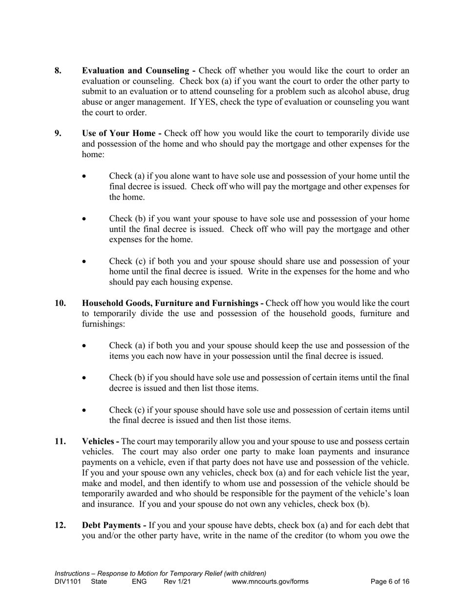 Form DIV1101 Response to a Request for Temporary Relief Pending Final Hearing With Children - Minnesota, Page 6