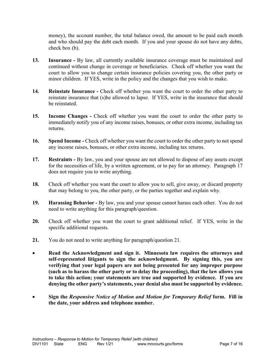 Form DIV1101 Response to a Request for Temporary Relief Pending Final Hearing With Children - Minnesota, Page 7