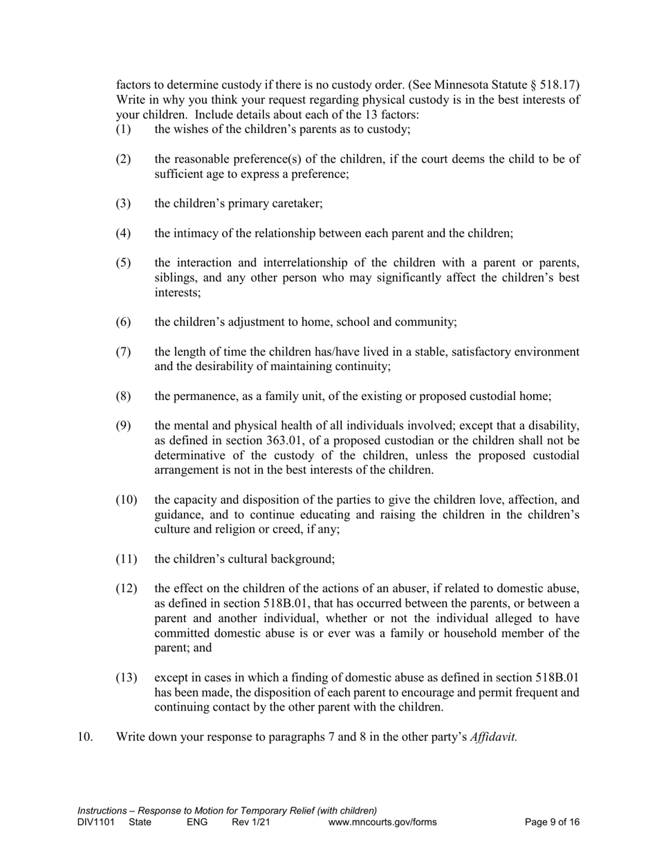 Form DIV1101 Response to a Request for Temporary Relief Pending Final Hearing With Children - Minnesota, Page 9