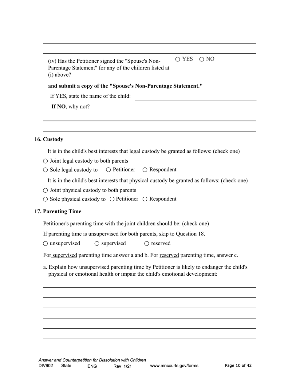 Form DIV902 Answer and Counterpetition for Dissolution of Marriage With Children - Minnesota, Page 10