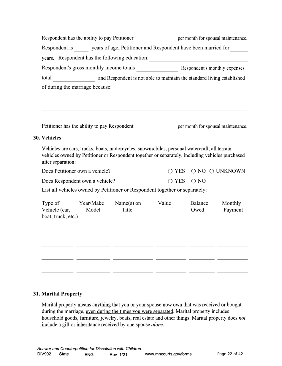 Form DIV902 Answer and Counterpetition for Dissolution of Marriage With Children - Minnesota, Page 22