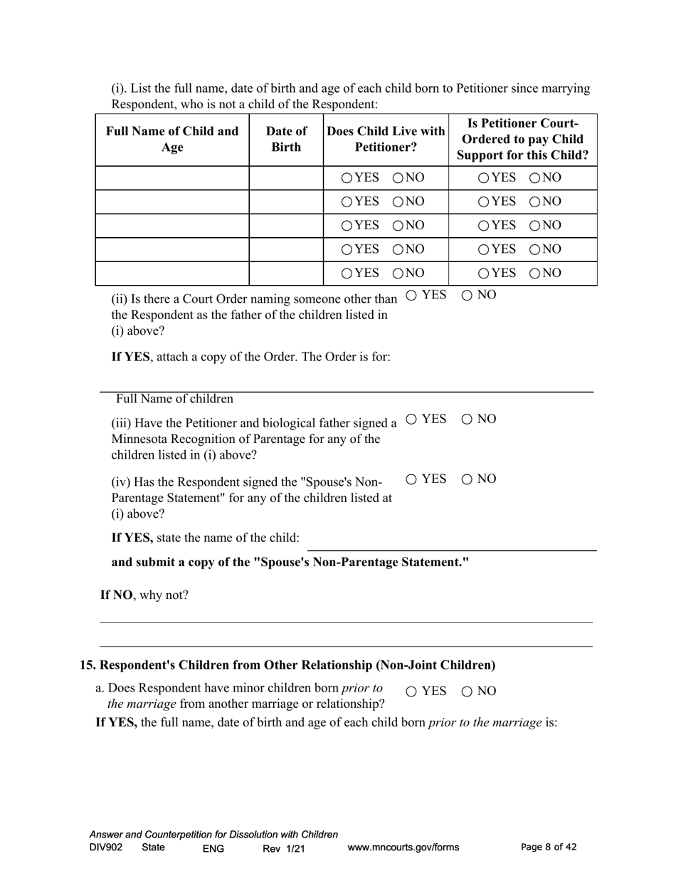 Form DIV902 Answer and Counterpetition for Dissolution of Marriage With Children - Minnesota, Page 8