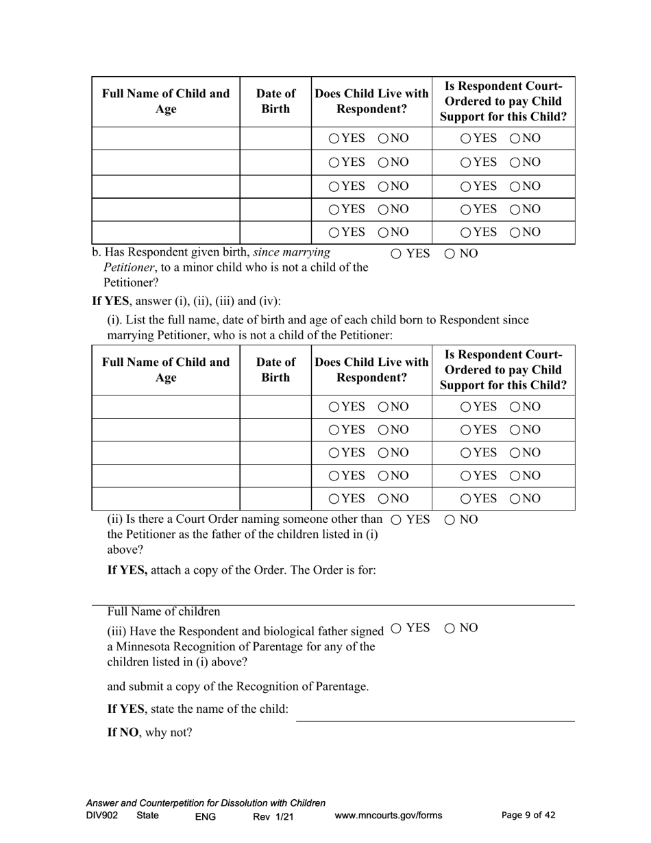 Form DIV902 Answer and Counterpetition for Dissolution of Marriage With Children - Minnesota, Page 9