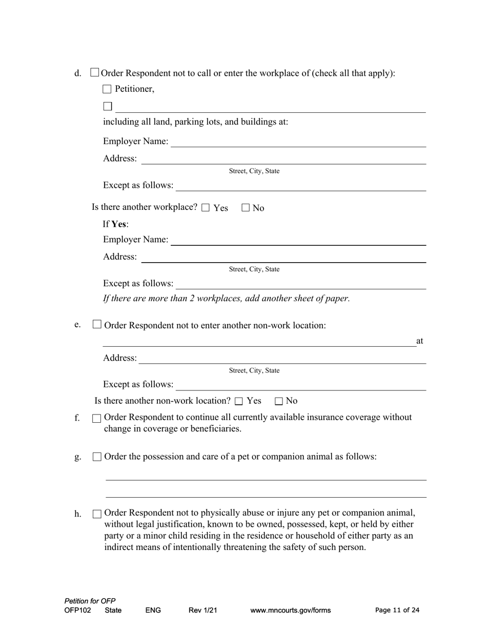 Form OFP102 Petition for Order for Protection (Ofp) - Minnesota, Page 11