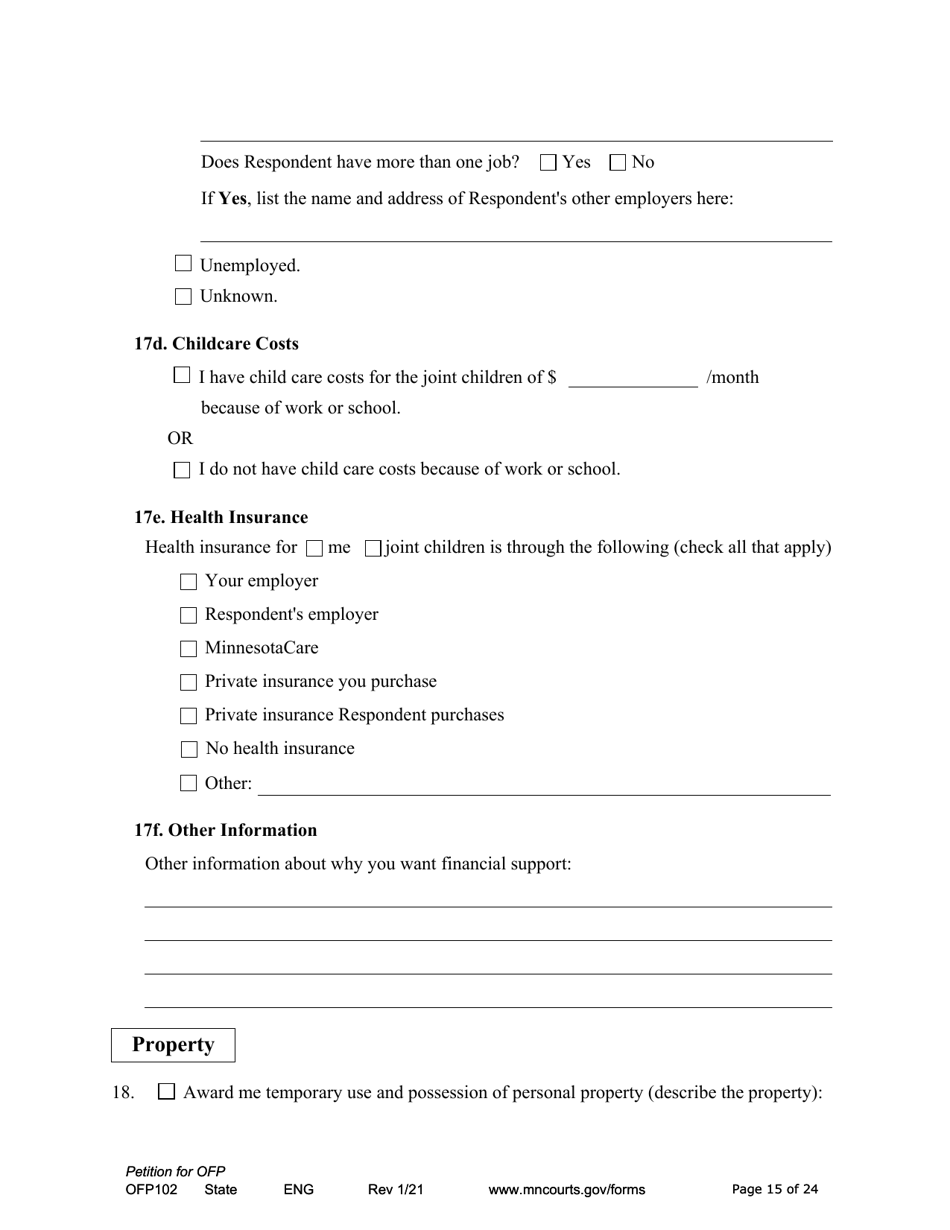 Form OFP102 Download Fillable PDF or Fill Online Petition for Order for Protection (Ofp