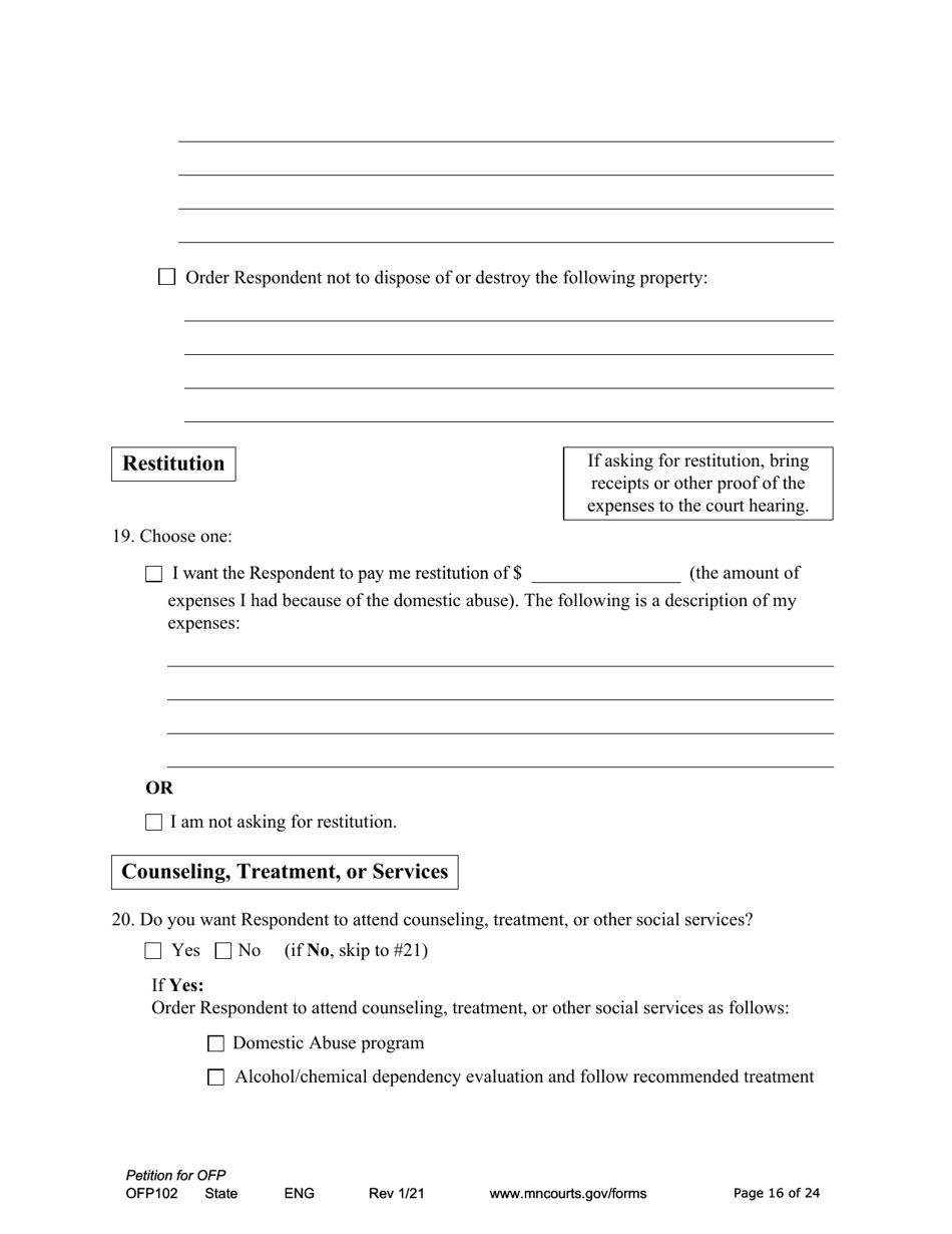 Form OFP102 Petition for Order for Protection (Ofp) - Minnesota, Page 16
