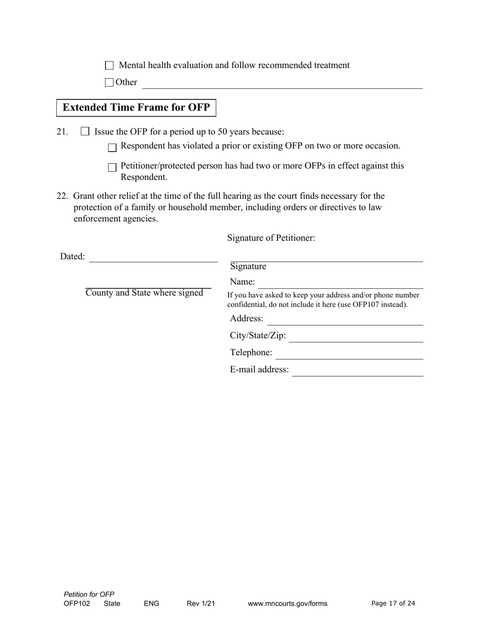 Form OFP102 Download Fillable PDF or Fill Online Petition for Order for Protection (Ofp