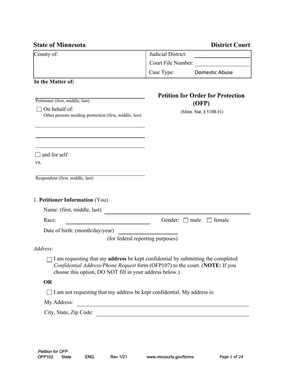 Form OFP102 Petition for Order for Protection (Ofp) - Minnesota, Page 1