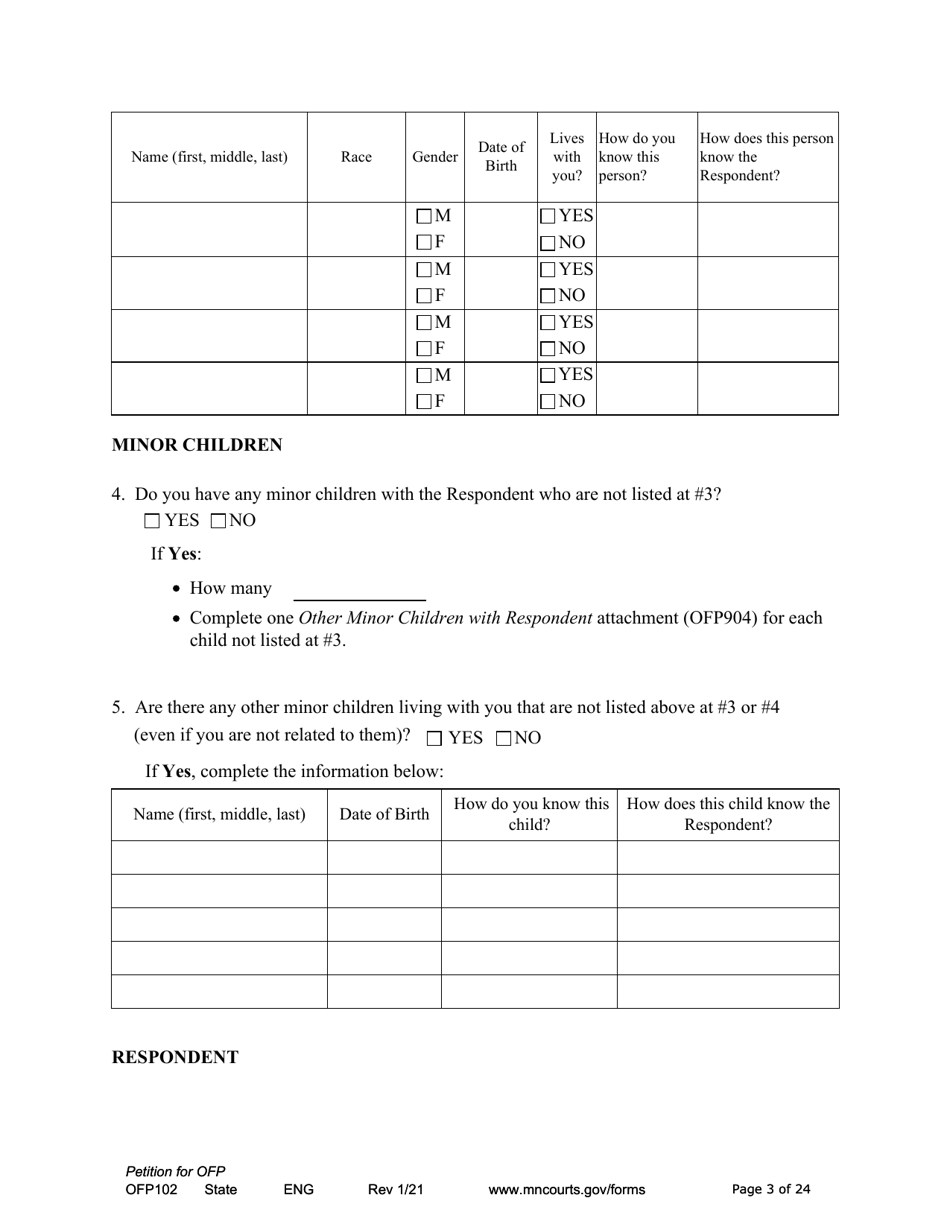 Form OFP102 Petition for Order for Protection (Ofp) - Minnesota, Page 3