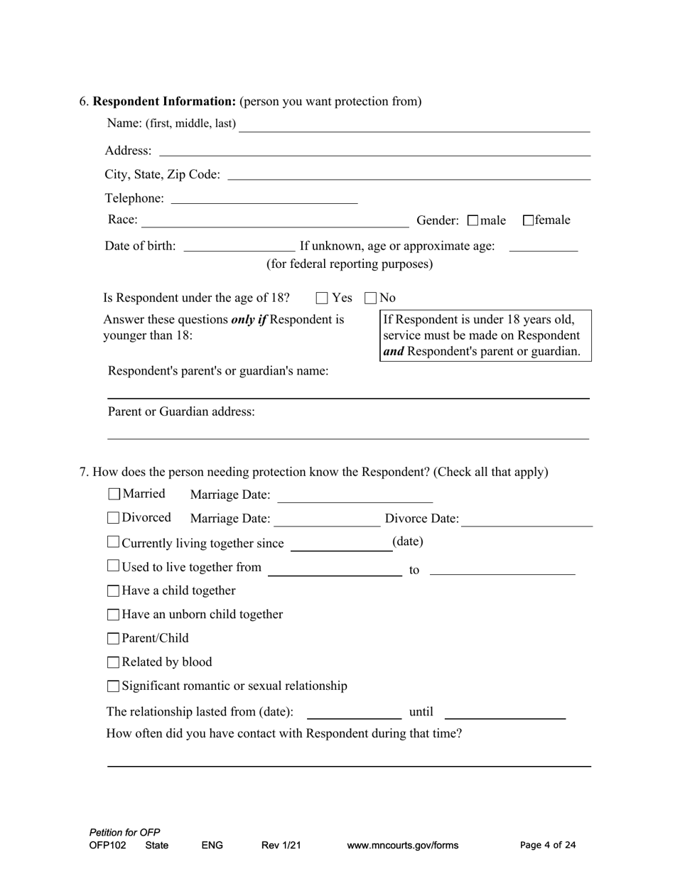 Form OFP102 Download Fillable PDF or Fill Online Petition for Order for Protection (Ofp