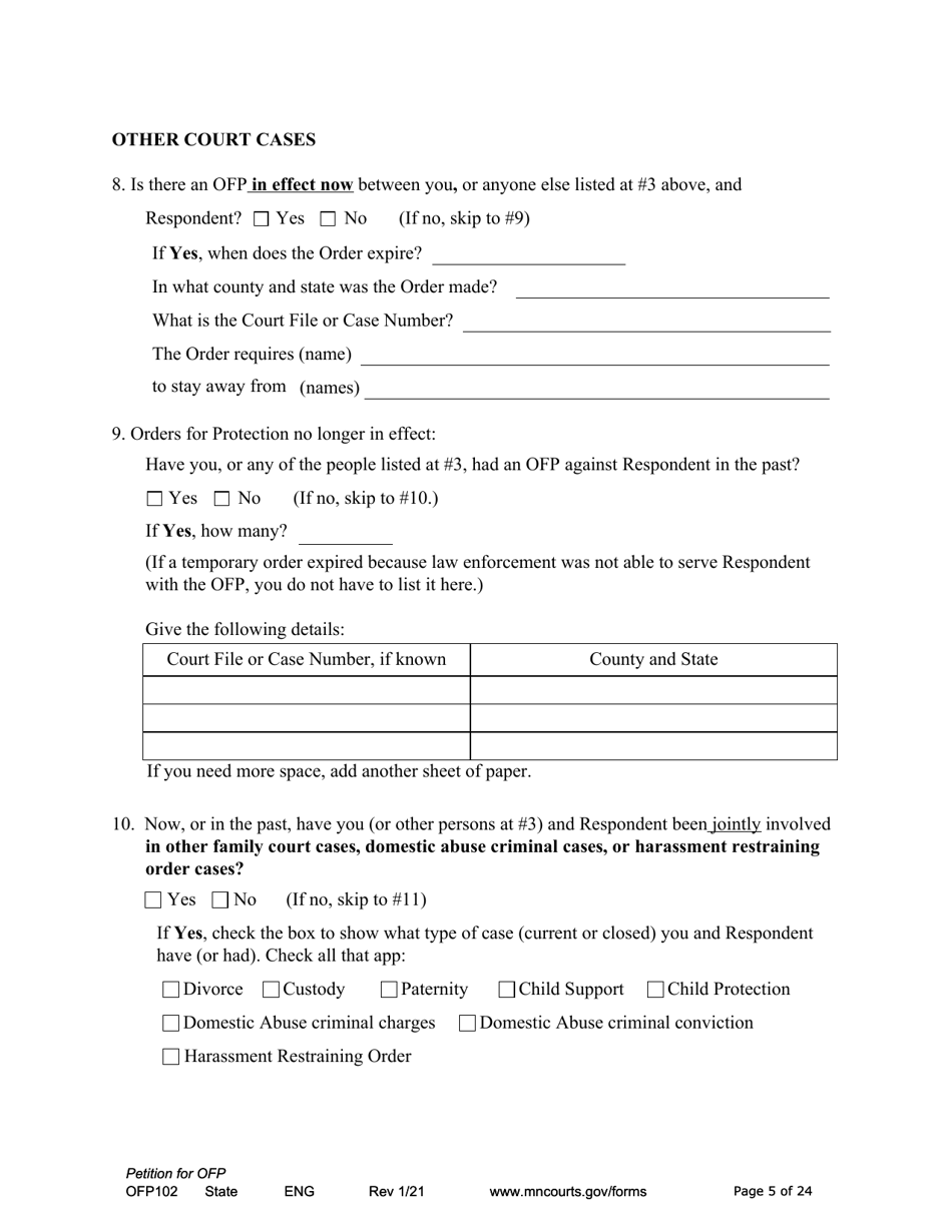 Form OFP102 Petition for Order for Protection (Ofp) - Minnesota, Page 5