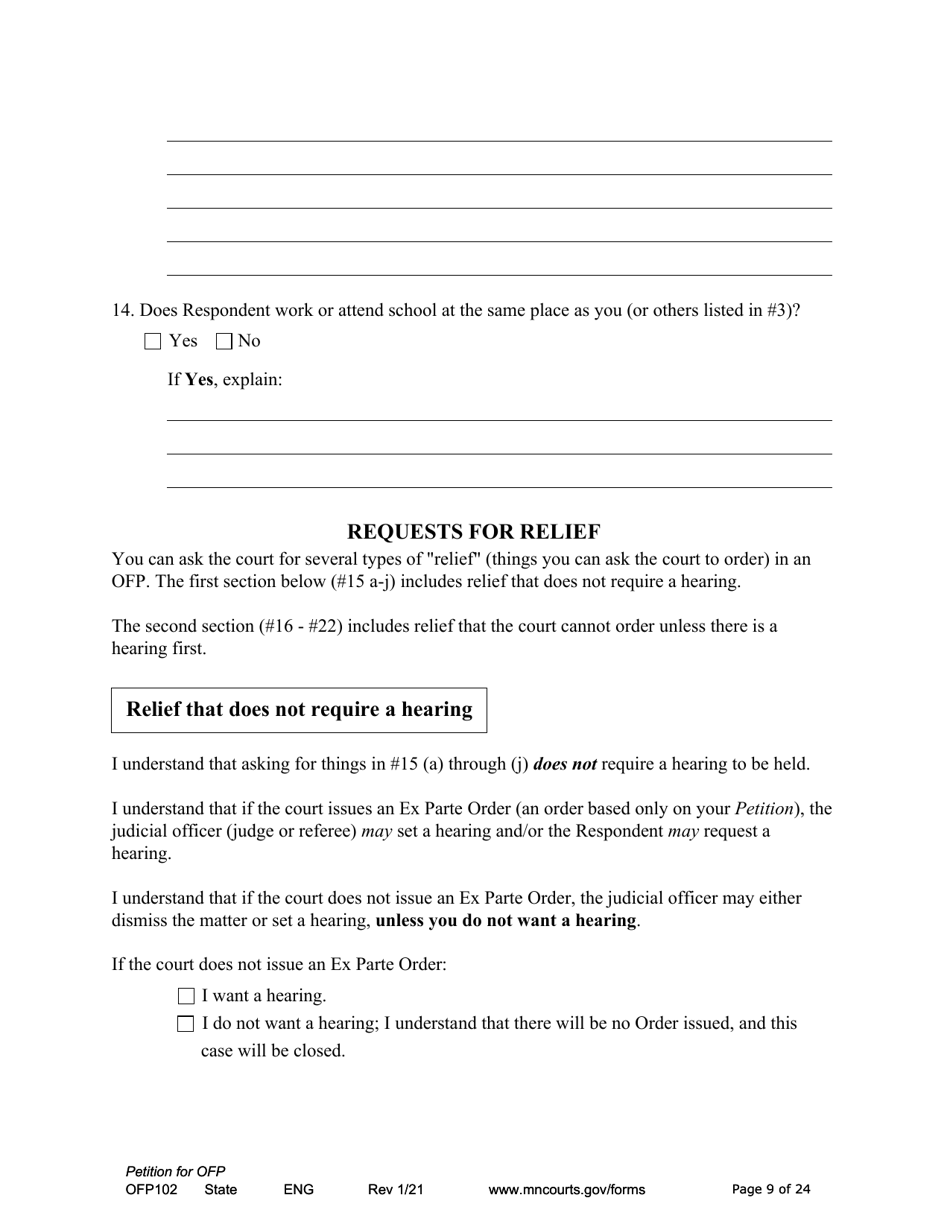 Form OFP102 Petition for Order for Protection (Ofp) - Minnesota, Page 9